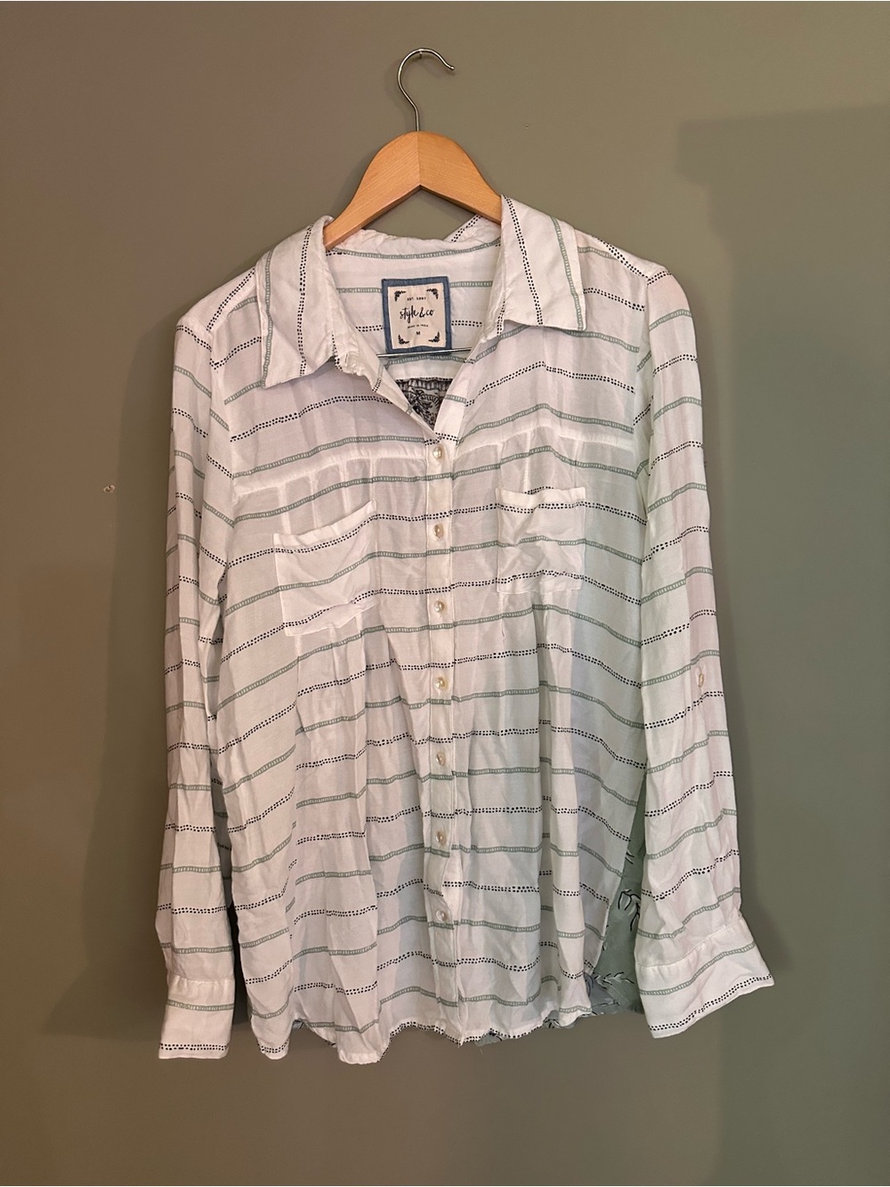 Style & Co. White Button-Down Shirt with Light Green Stripes